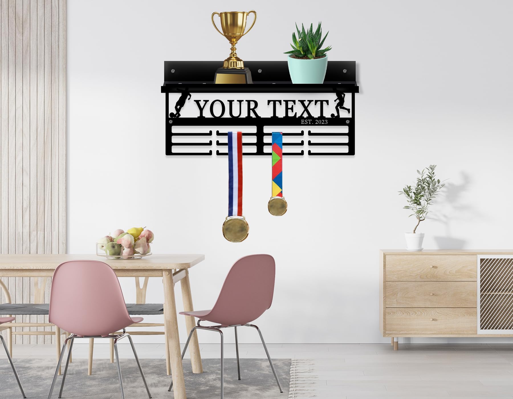 Personalized display for medals and trophies on wall