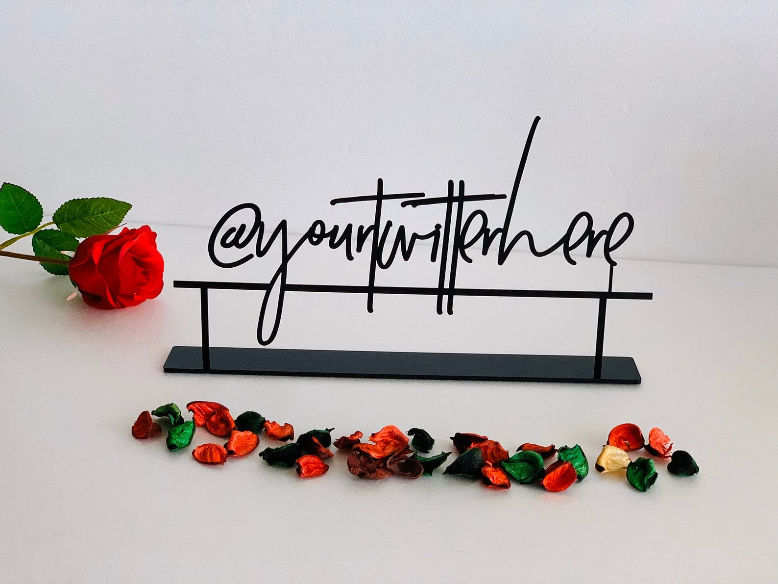 Metal table sign script font option close up