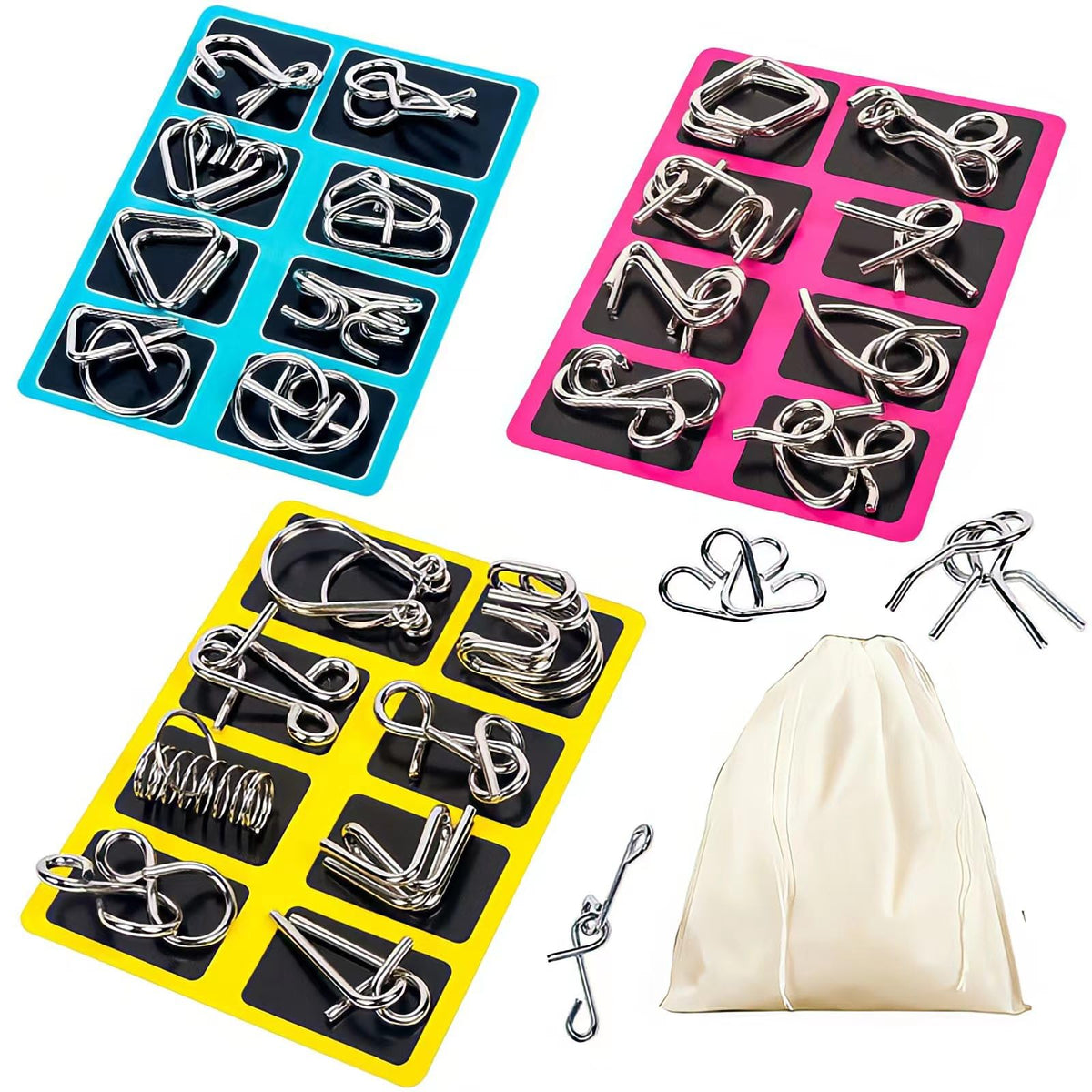 All 24 metal wire puzzle models included with carrying pouch