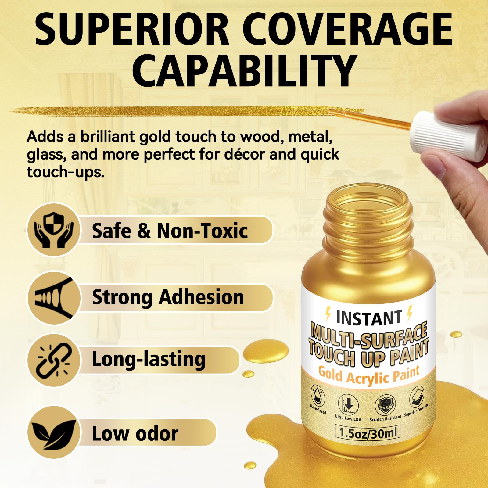 Gold metallic acrylic paint for indoor outdoor decor
