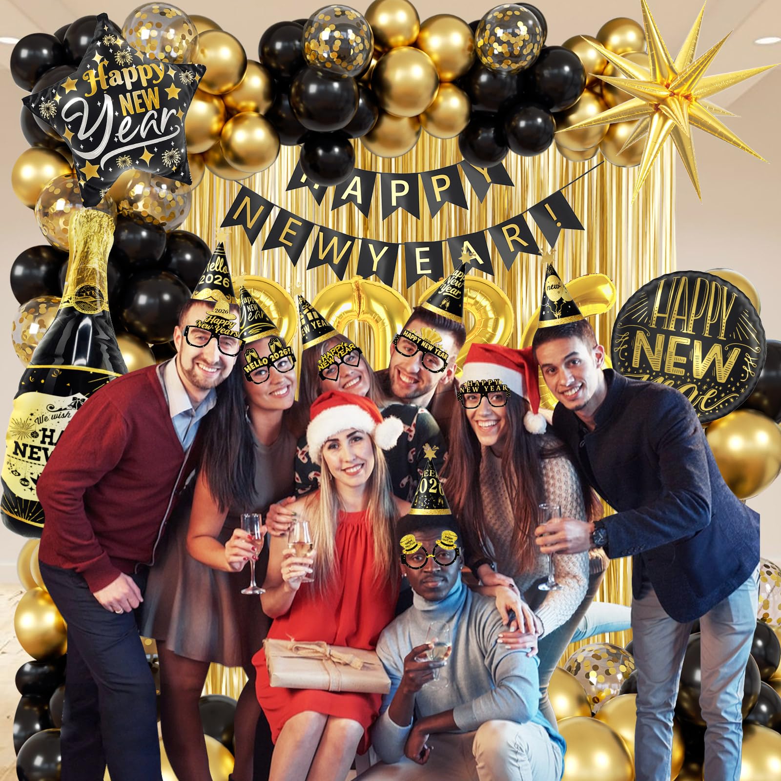 Metallic fringe curtain and gold ribbon are included in Nye decorations