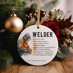 Metalworker gift ornament hanging with ribbon