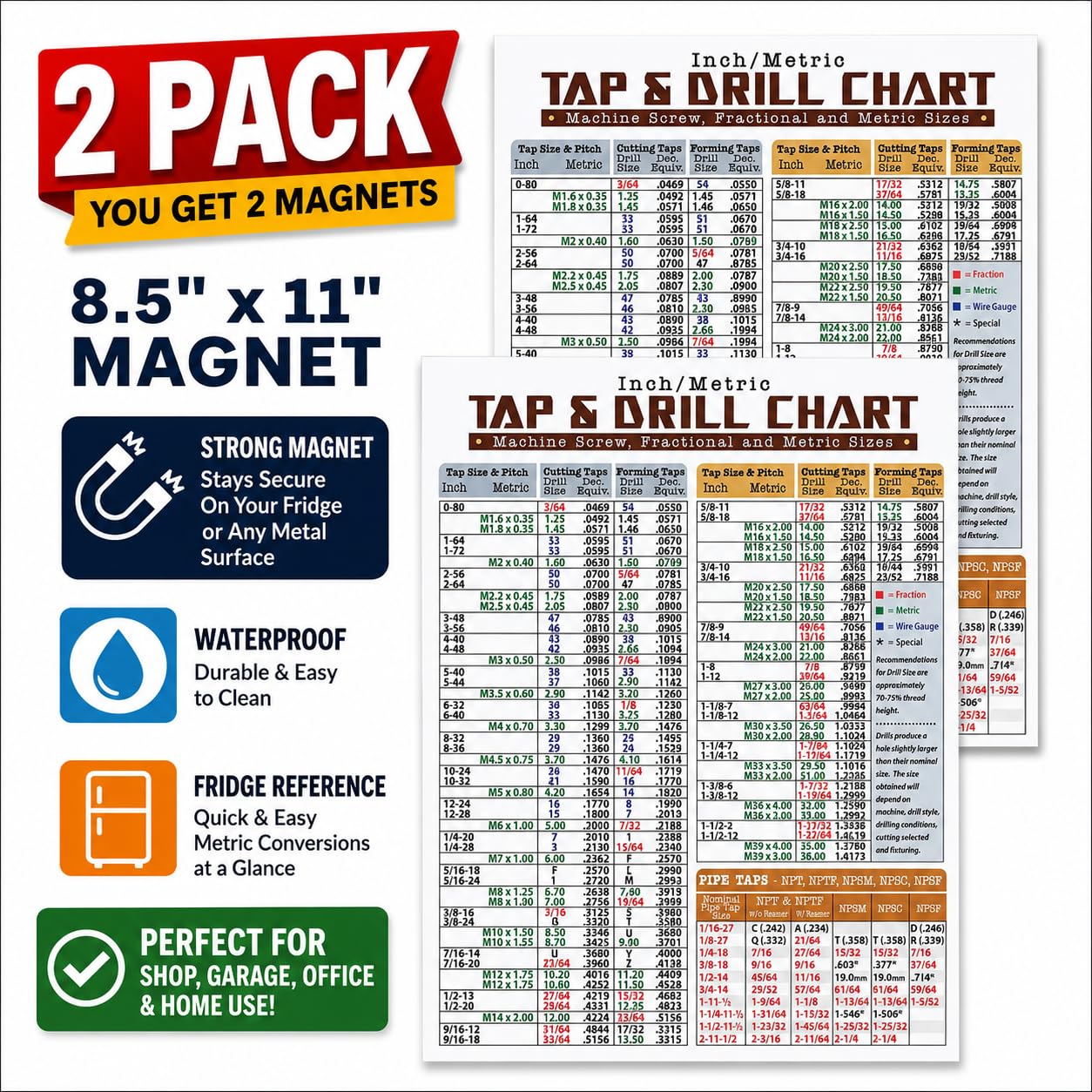 8.5 x 11 inch metric conversion chart for taps and drills