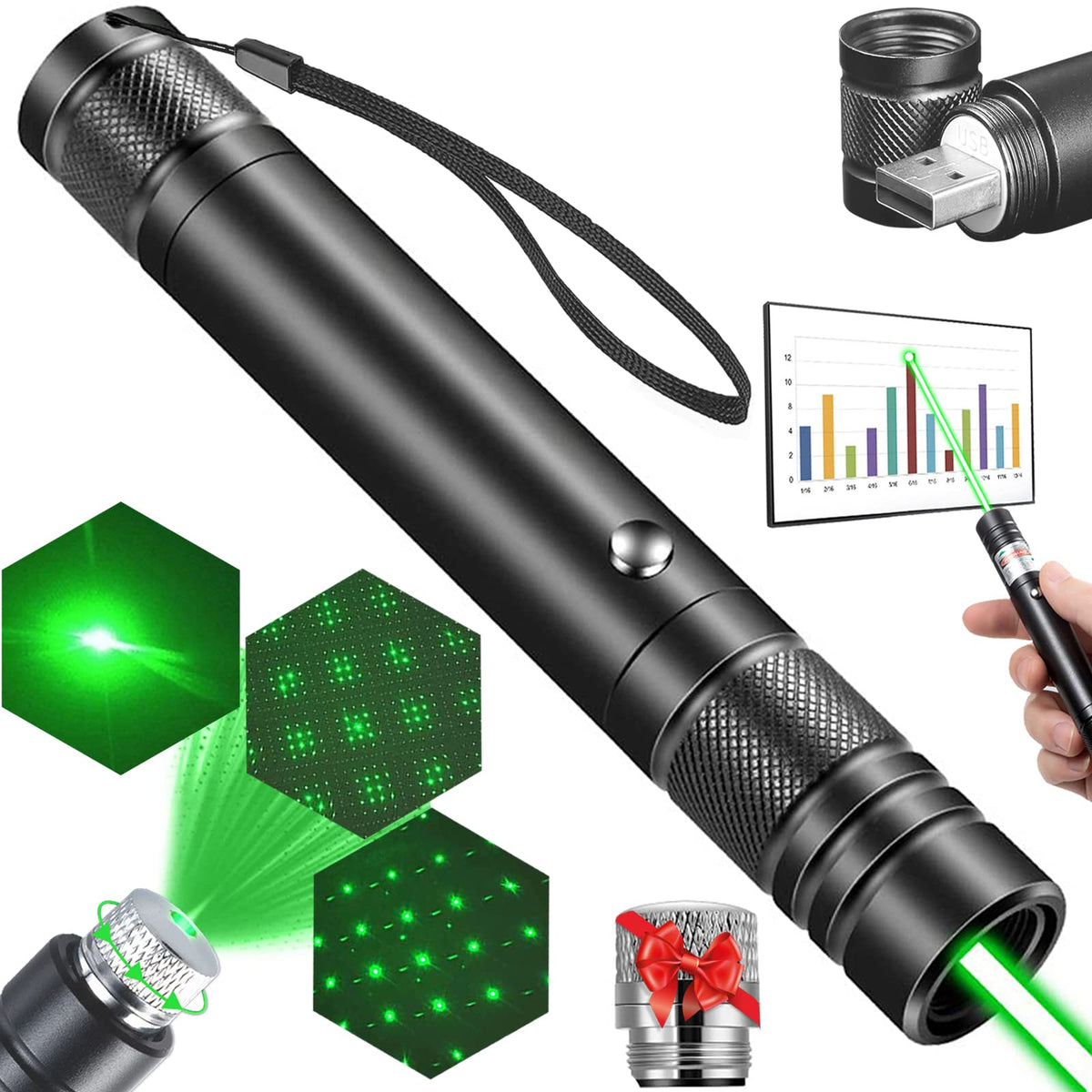 Meusno green laser pointer front view with frosted aluminum shell