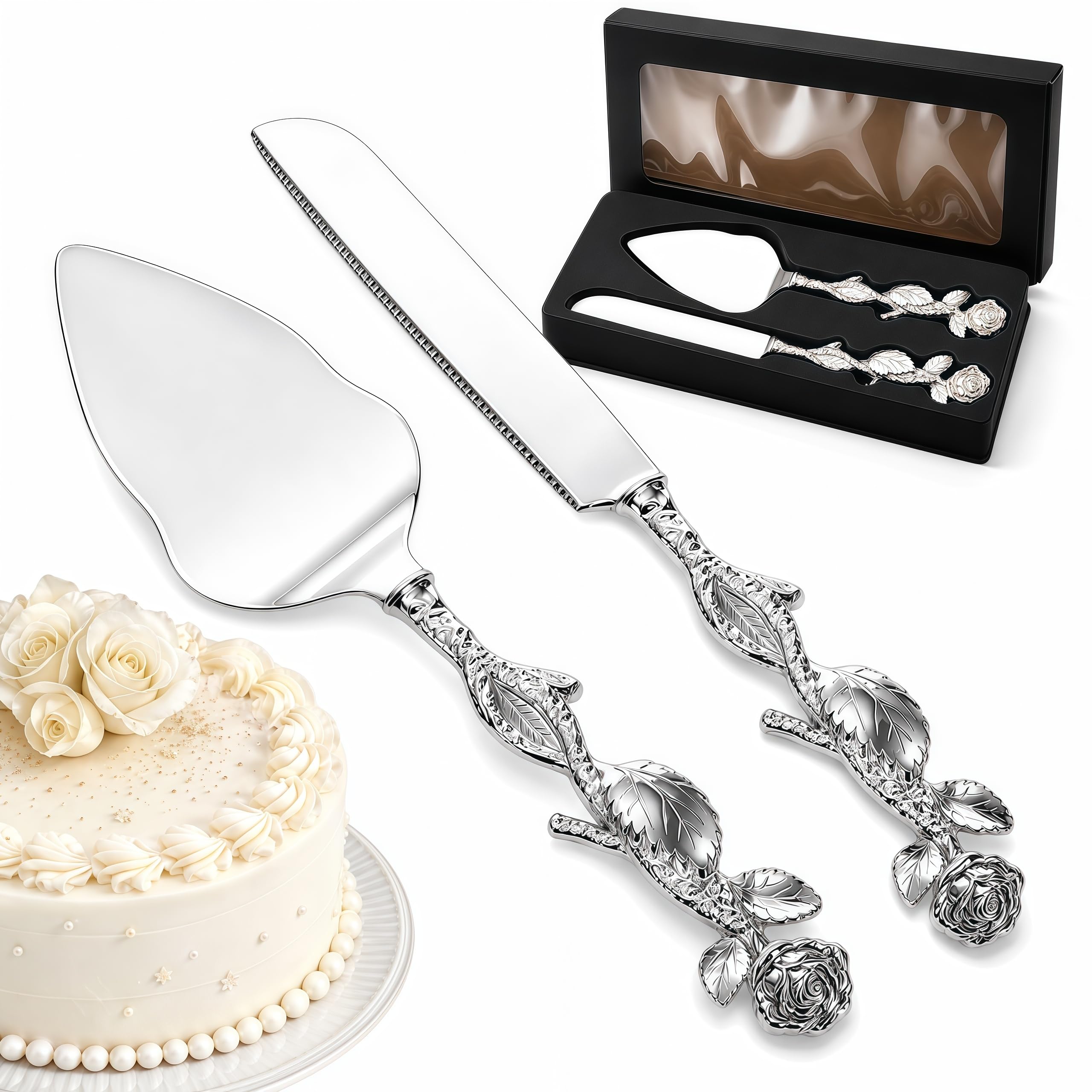 Mezchi wedding cake knife and server set with silver rose design