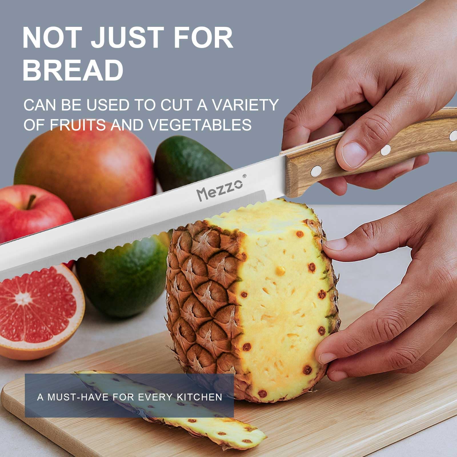 Versatile Mezzo bread knife for cakes and large fruits