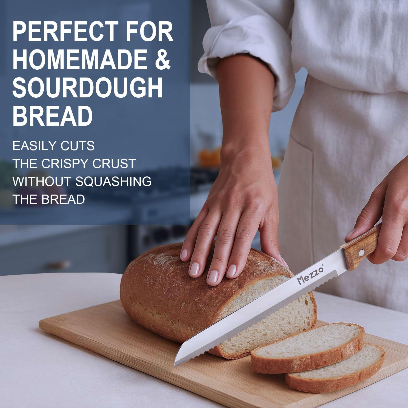 Sourdough bread being sliced with Mezzo knife
