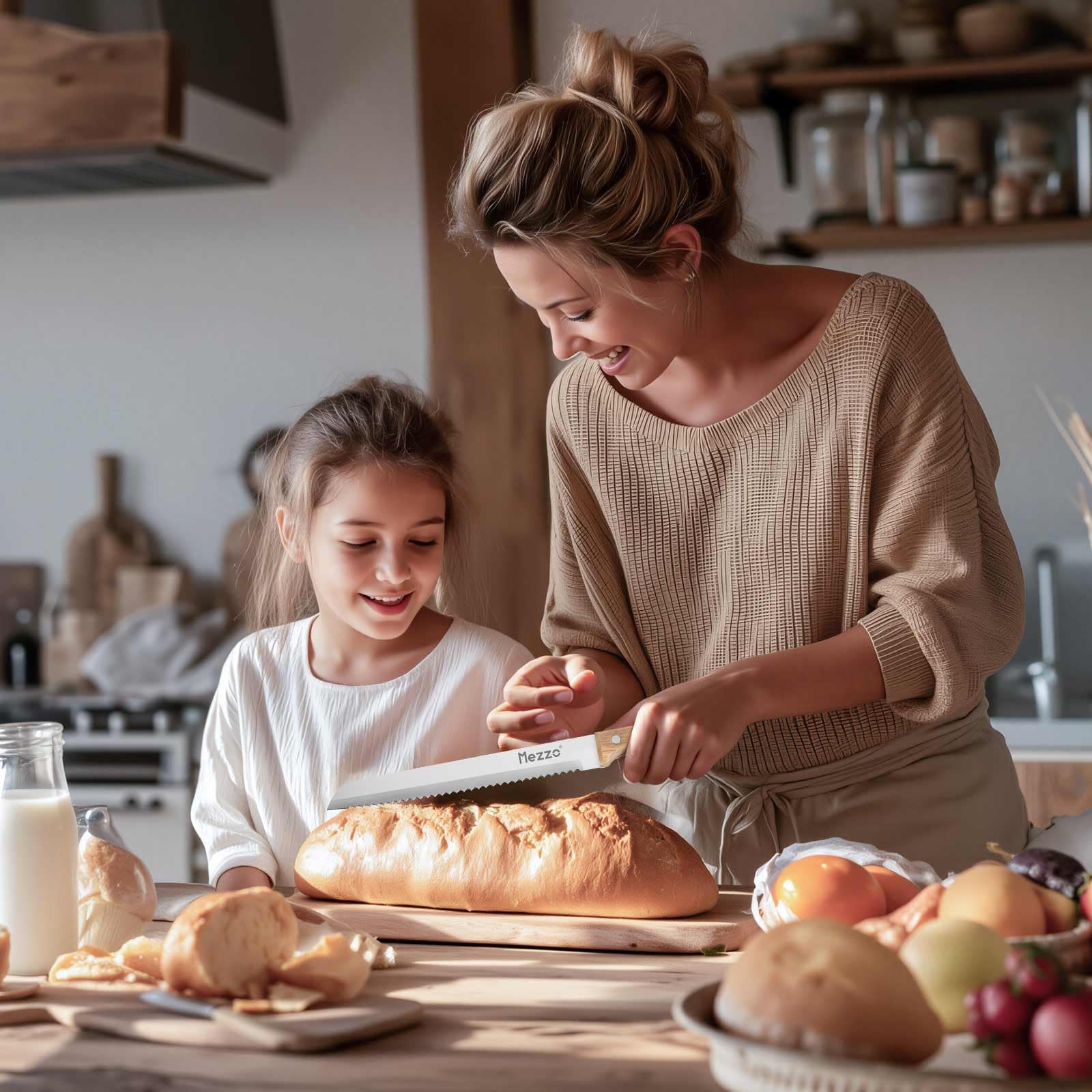 Home baker uses Mezzo Serrated Bread Knife for homemade bread
