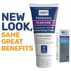 Fragrance free MG217 psoriasis cream tube on white background