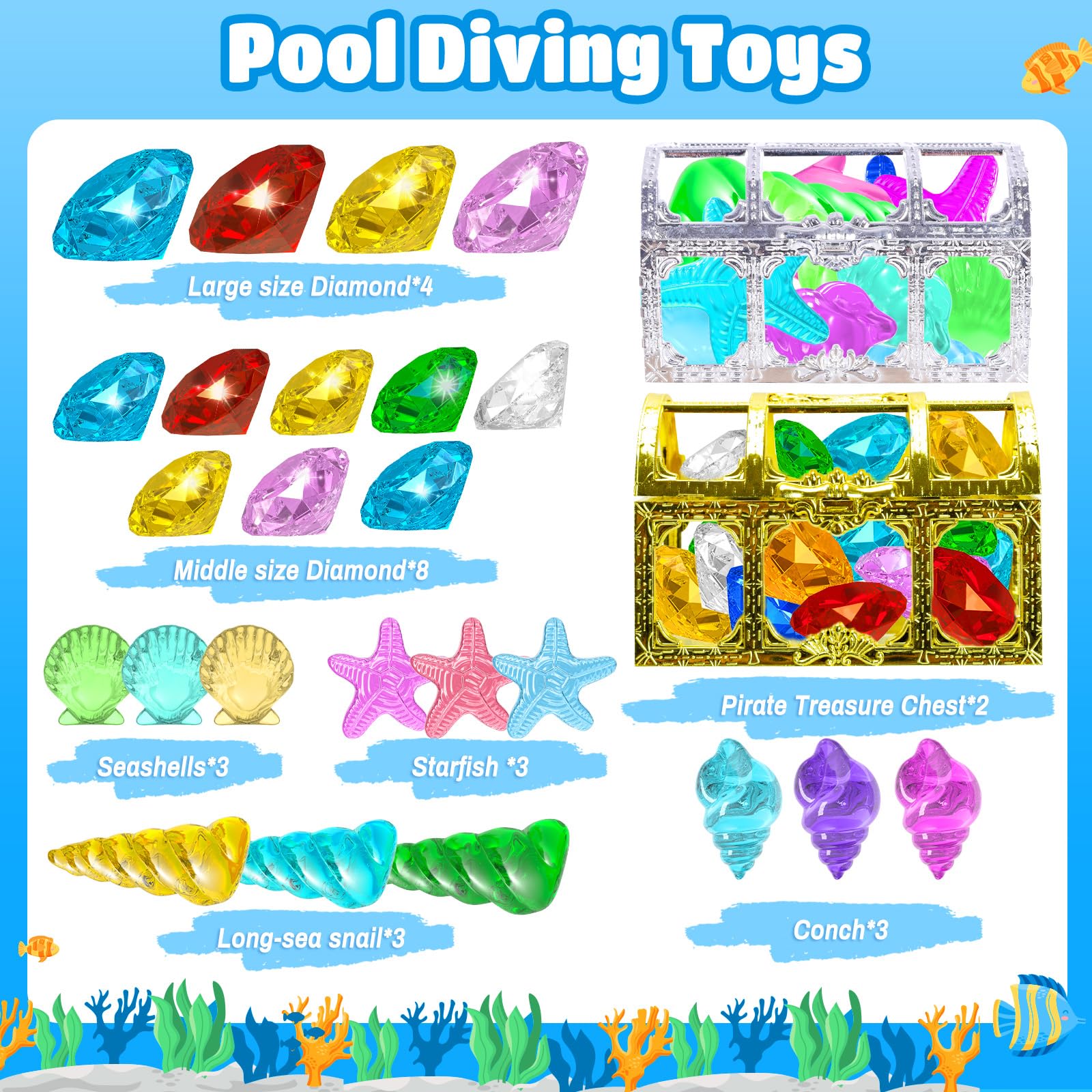 Large gemstones and small gemstones included in diving gems set