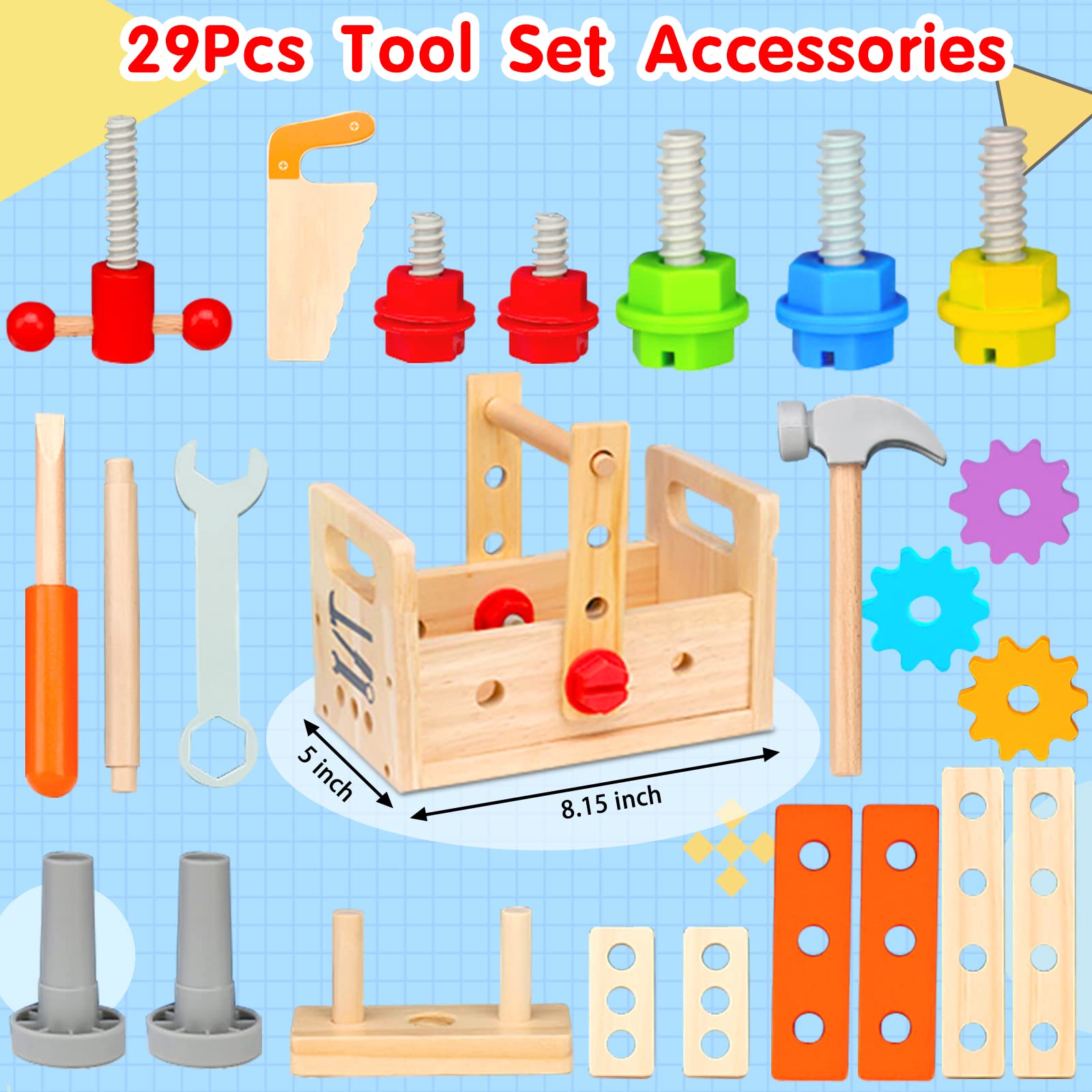 Colorful wooden tools for kids from Mgtfbg 29-piece set