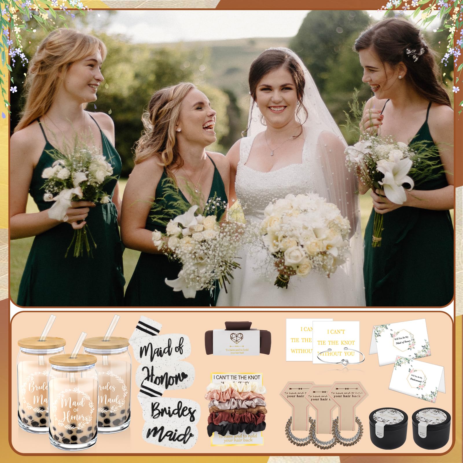 Satin bridesmaid scrunchies and champagne spiral hair ties