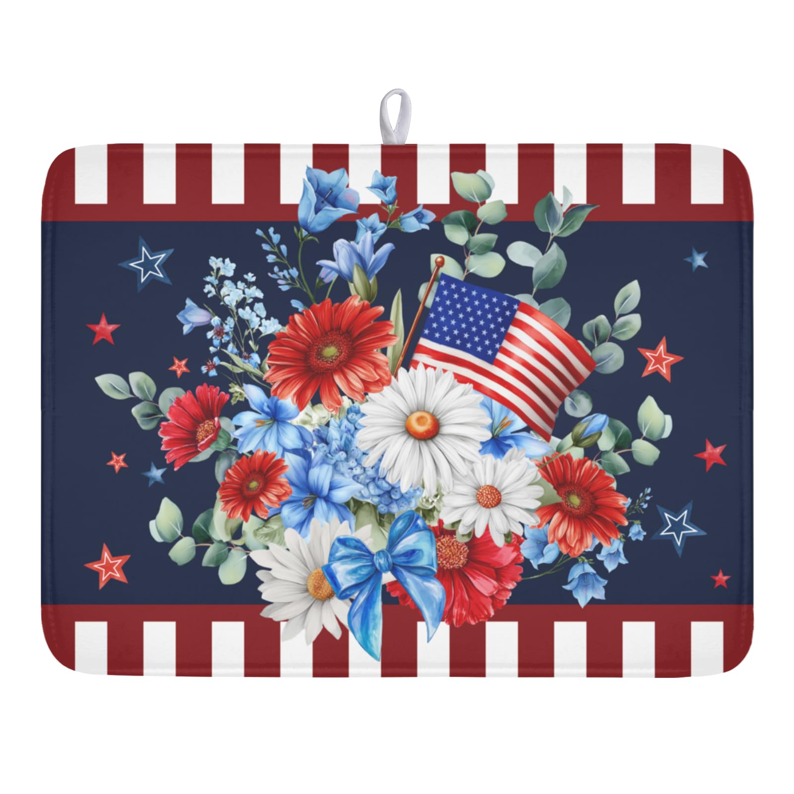 MiaoSi 18x24 patriotic dish drying mat with red blue white floral pattern