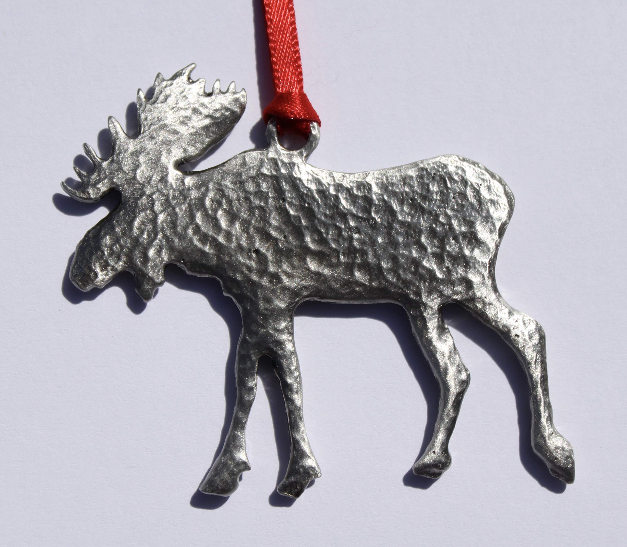 Michigan made fine pewter moose ornament with red satin ribbon