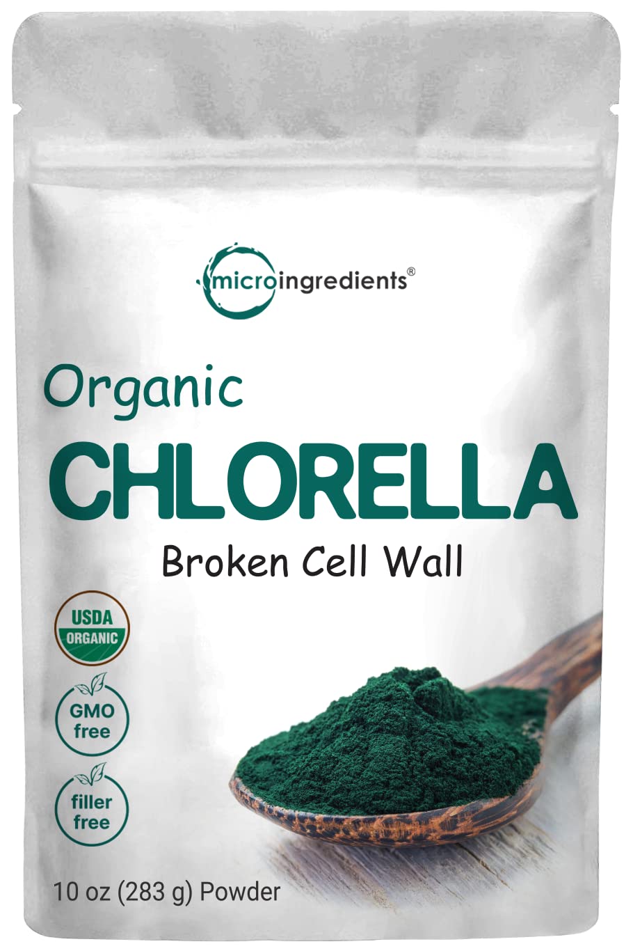 Micro Ingredients Organic Chlorella Powder broken cell wall 10 Ounce packaging