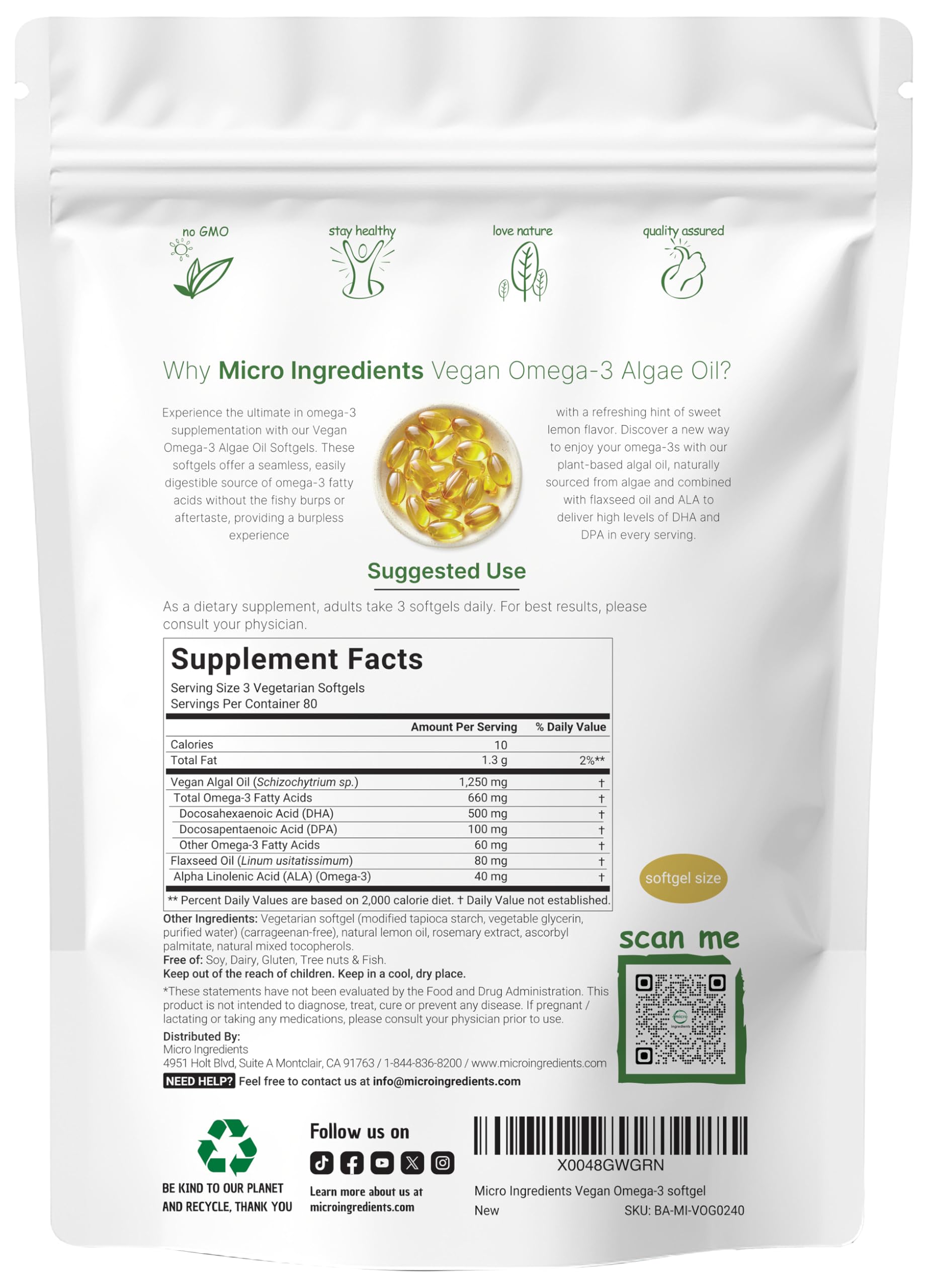 Lemon flavored vegan algae oil softgels DHA 500mg DPA 100mg label