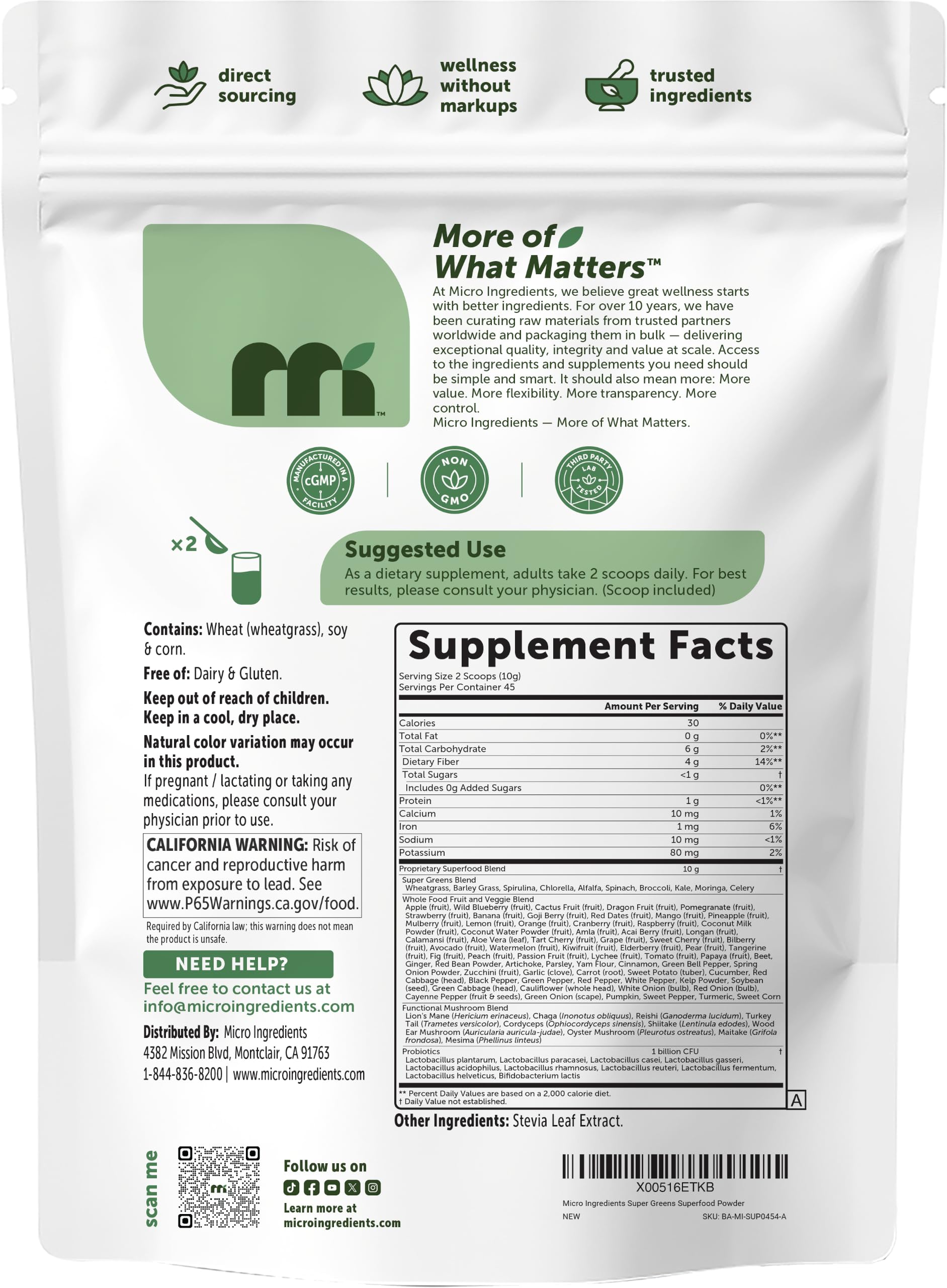 Versatile greens powder for smoothies water or recipes