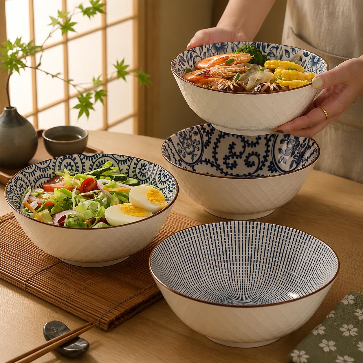 Blue and white Japanese style soup bowls