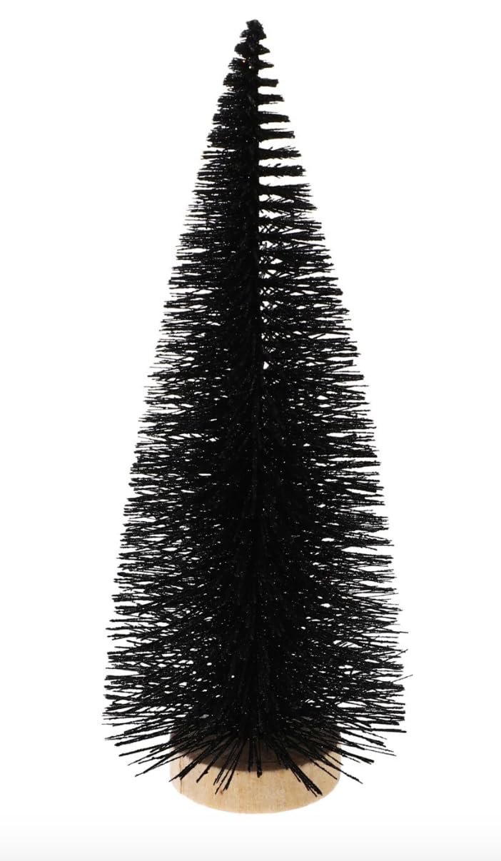 Midnight Black Glitter Bottle Brush Tree 8in tall on a round wood base