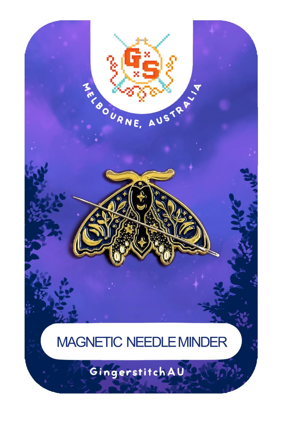 Midnight Moth Needle Minder with two magnets attached back and fabric hold-down