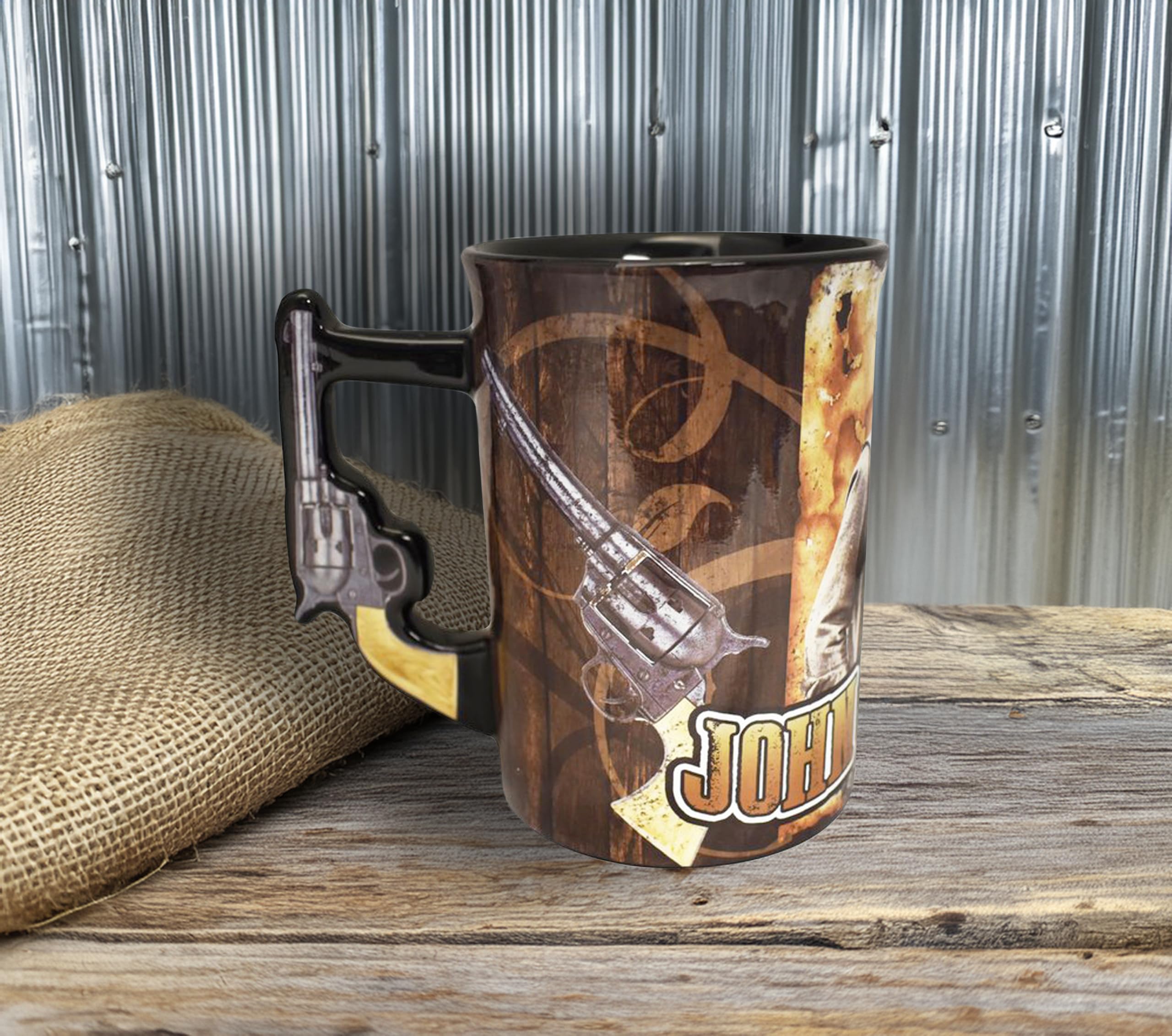 Western style mug with pistol grip featuring John Wayne