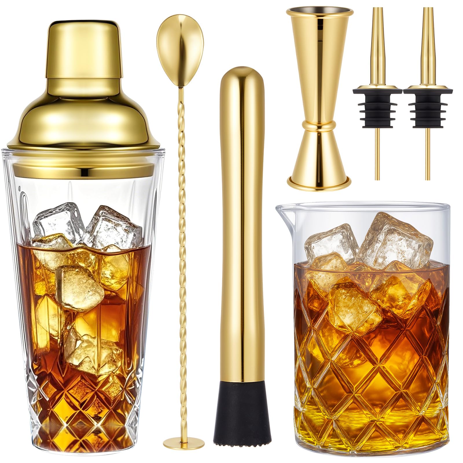 Mifoci 7 Pcs Gold Glass Cocktail Shaker Set with 14 oz shaker and 24 oz mixing cup