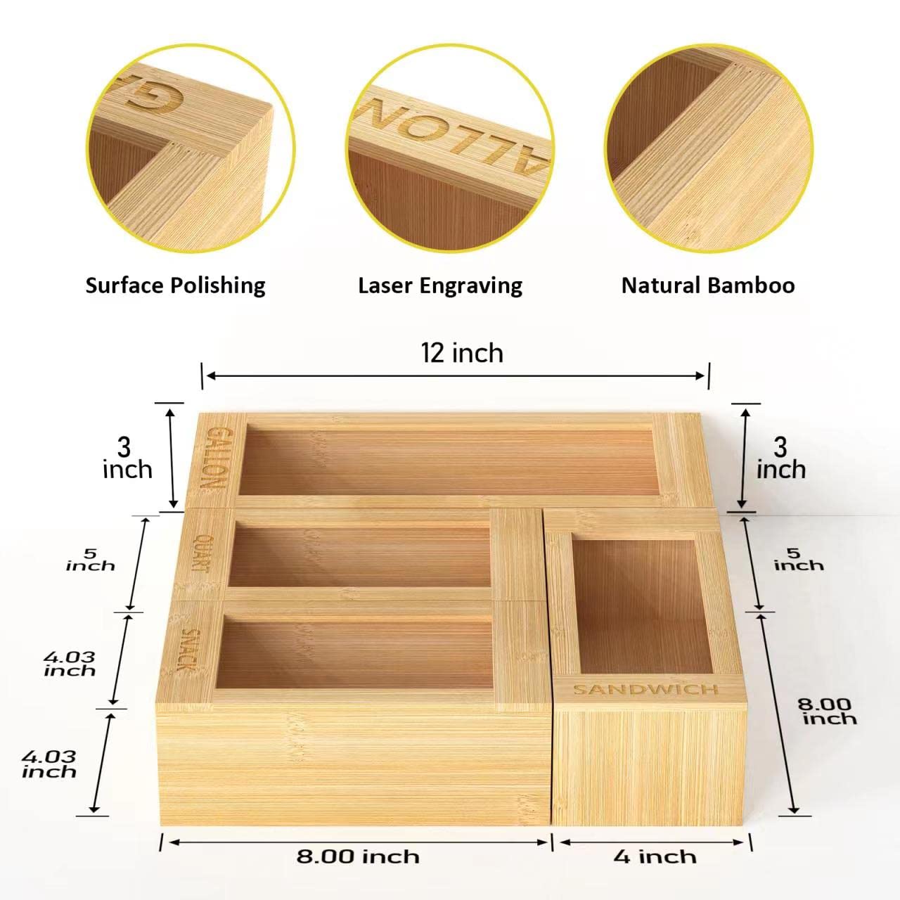 4-size bamboo drawer organizer for food storage bags