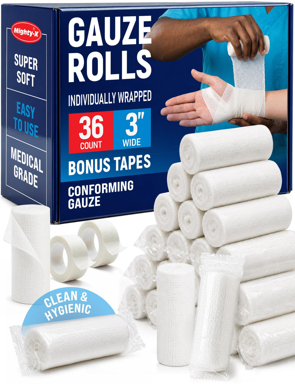 MIGHTY-X medical gauze rolls pack of 36 in 3in by 4yd size