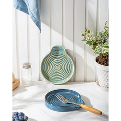 Reactive glaze finish on spoon rest with swirl design