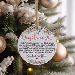 Gift ready MIL ornament with red and gold ribbons and box