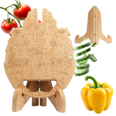 Millennium Falcon bamboo cutting board close up shows lightweight durable construction