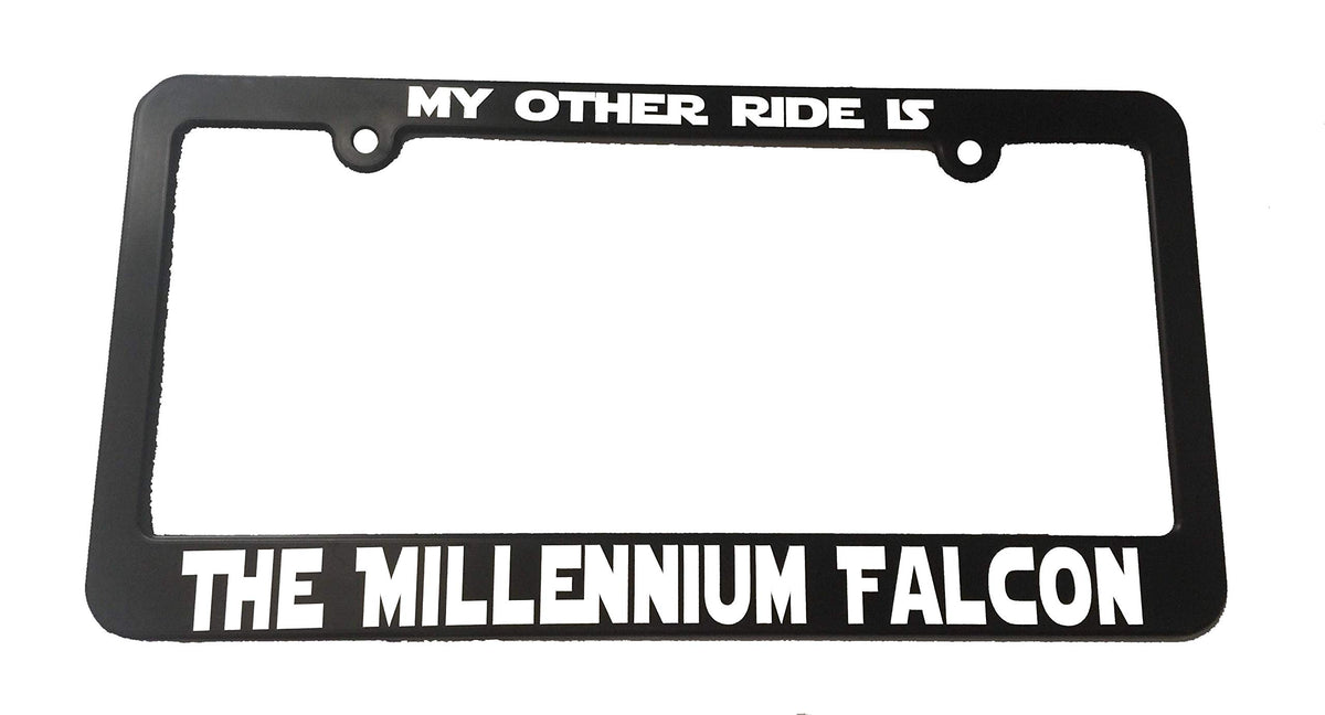 Millennium Falcon Star Wars License Plate Frame Holder black ABS frame with waterproof vinyl lettering for US and Canada