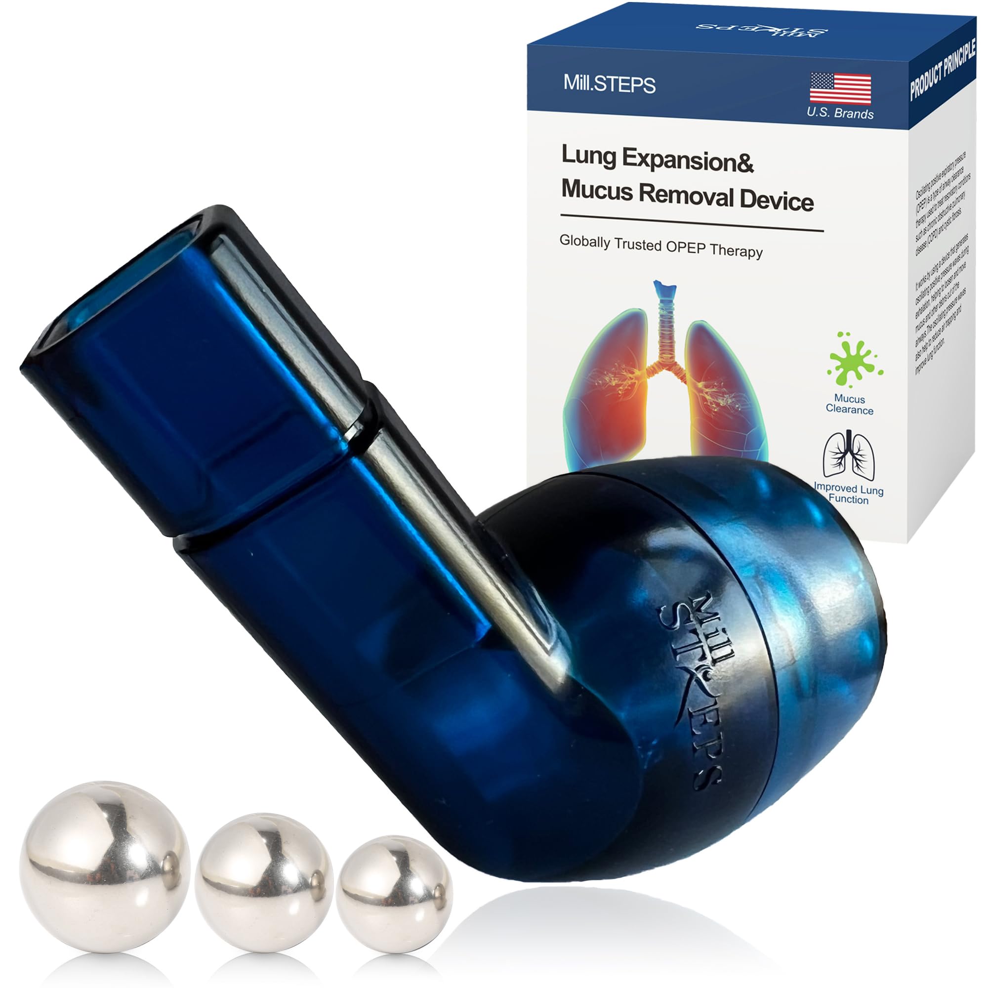 MILLSTEPS breathing exercise device for lungs with flutter valve blue