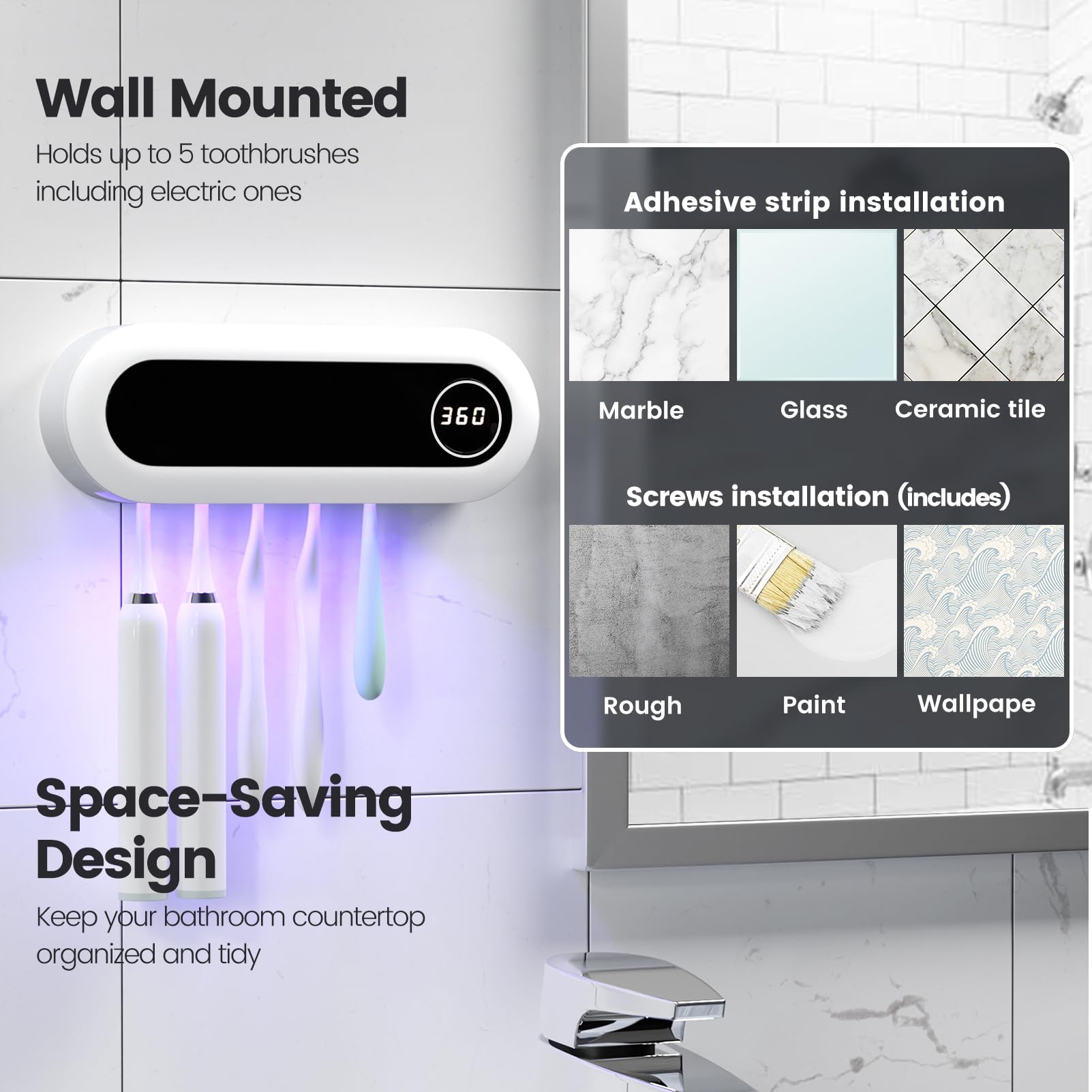 Adhesive strips and screws included for tile or glass installation