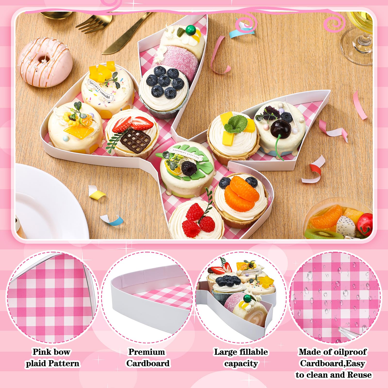 11.8 inch pink bow tray used for cupcakes and fruits