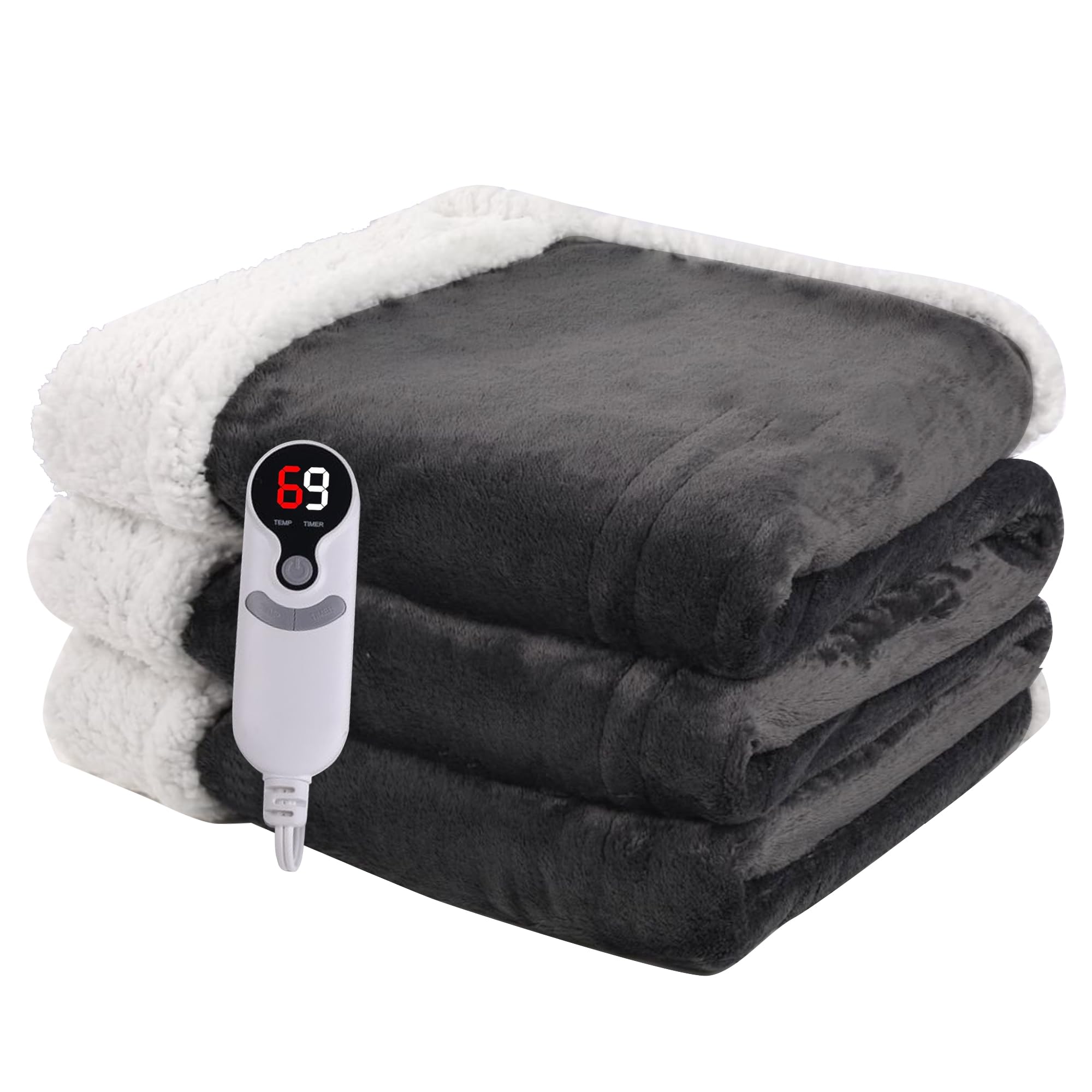 Minervada electric heated blanket full size 72x84 dark grey on bed