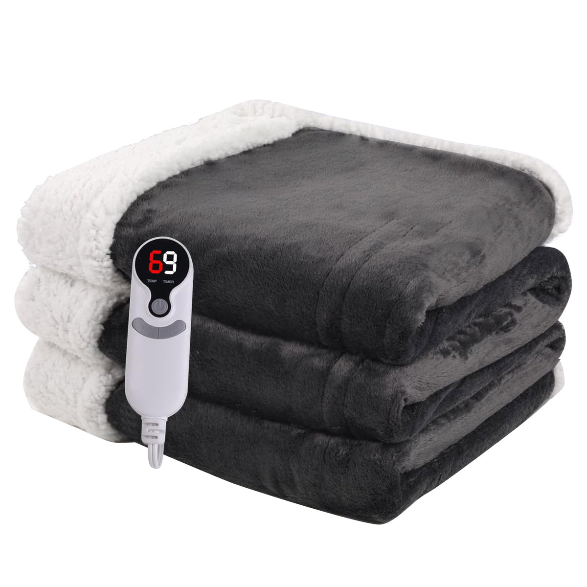 Minervada electric heated blanket full size 72x84 dark grey on bed