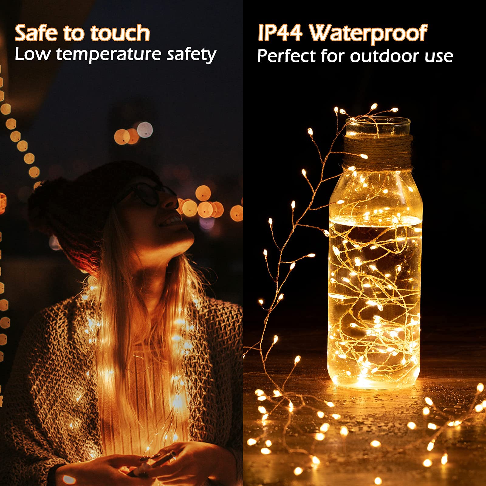 Flexible copper wire fairy lights wrapped around railings and trees