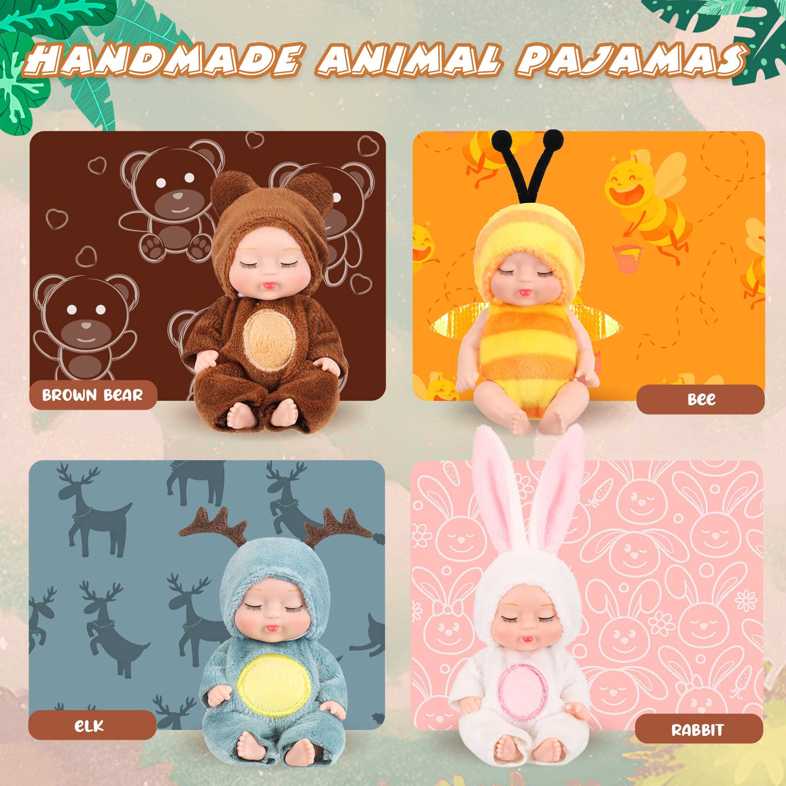dolls wearing bee rabbit brown bear elk outfits