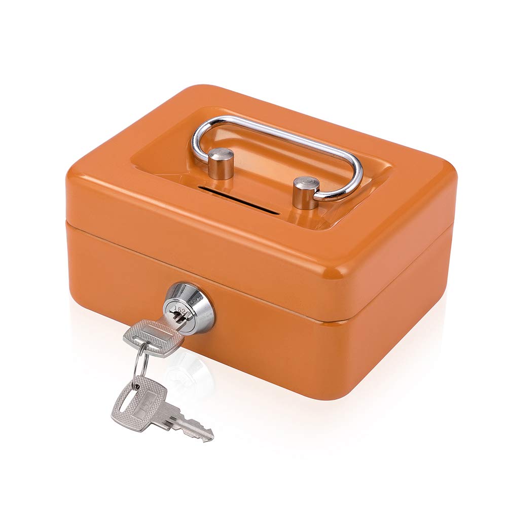 Orange mini cash box with lock and top coin slot
