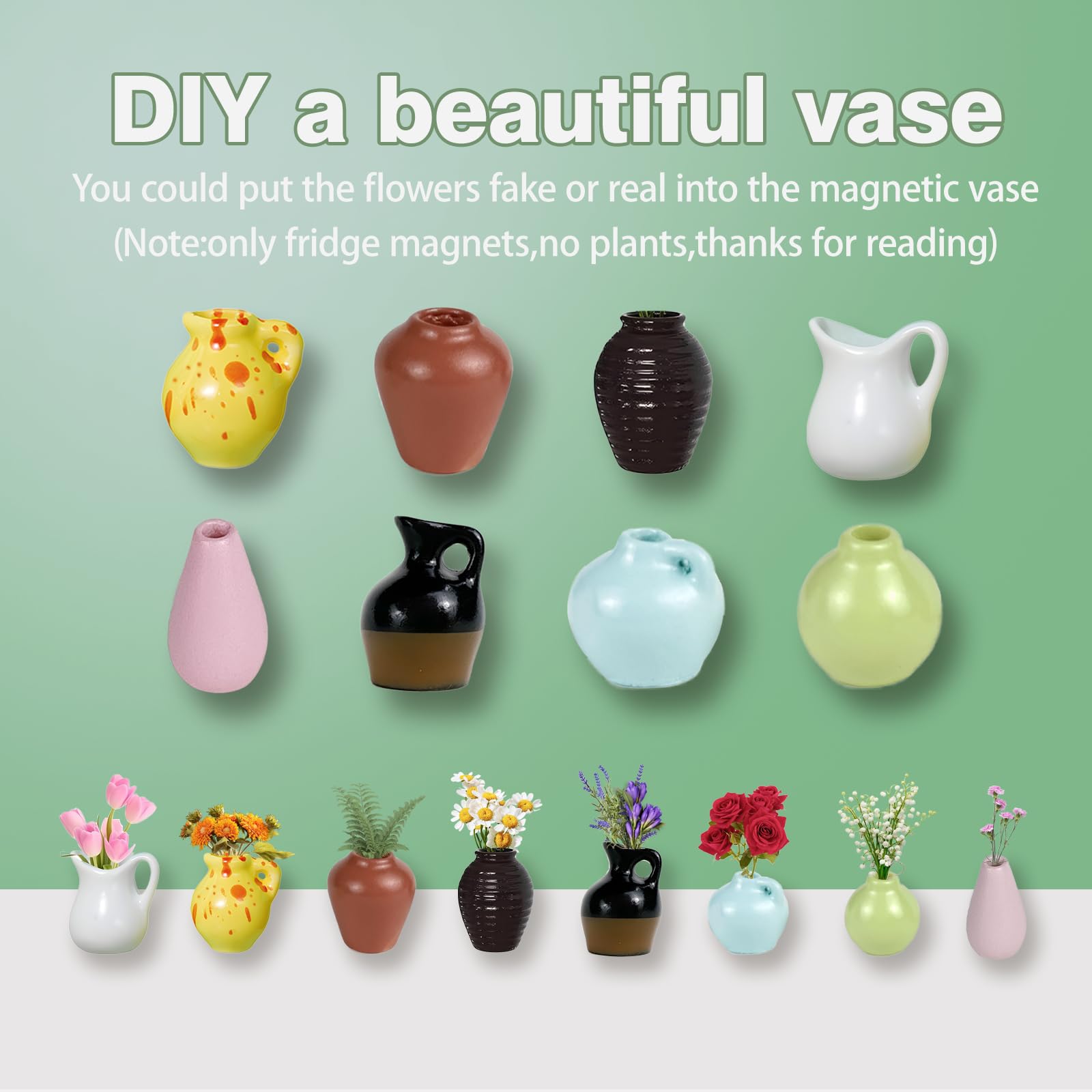 12 flowers included with vase magnets set