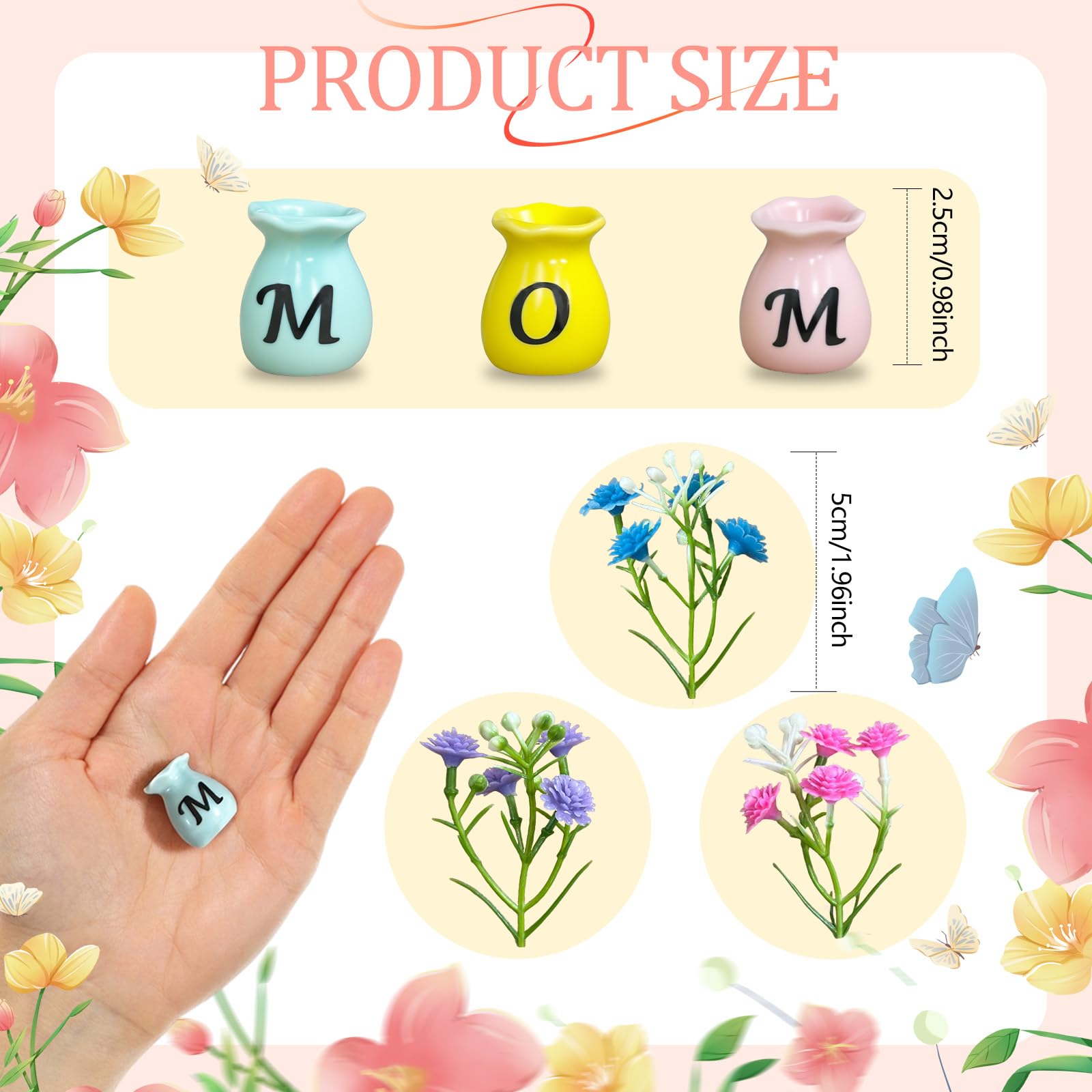 Three mini ceramic vases with artificial flowers magnets