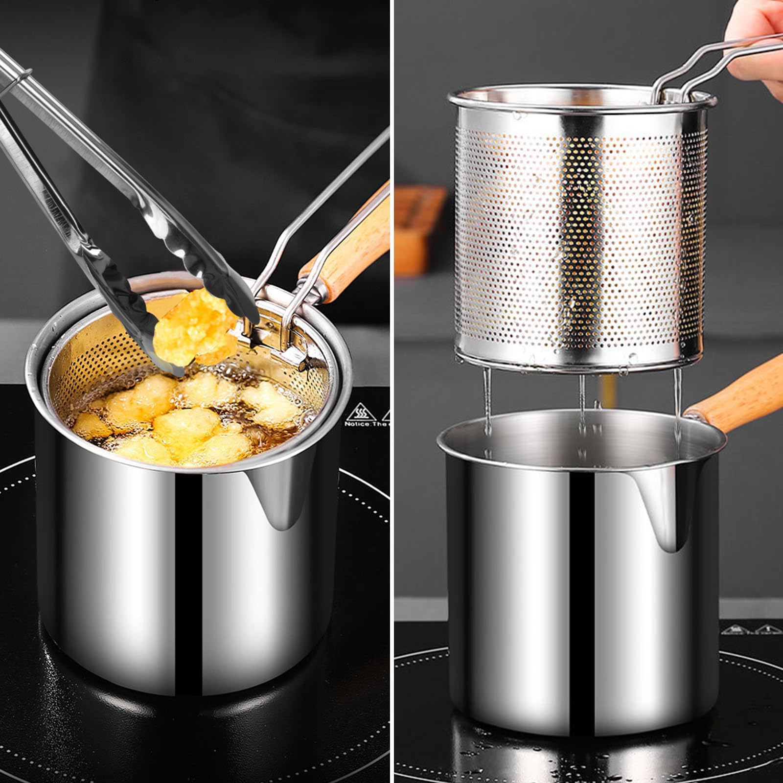 Wooden handle design for anti-splash frying