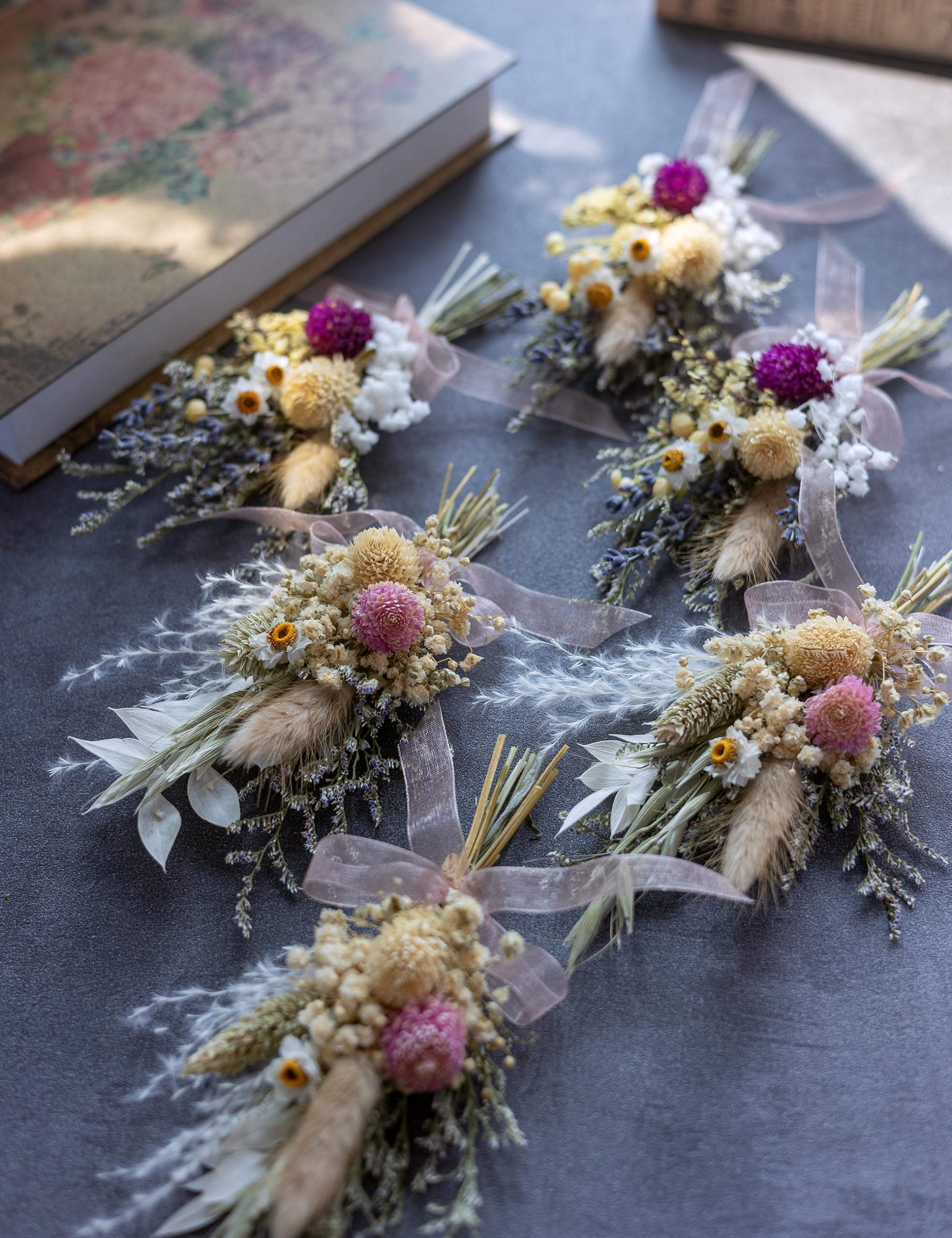 Six pink toned mini dried flower bouquets for bridesmaid gifts