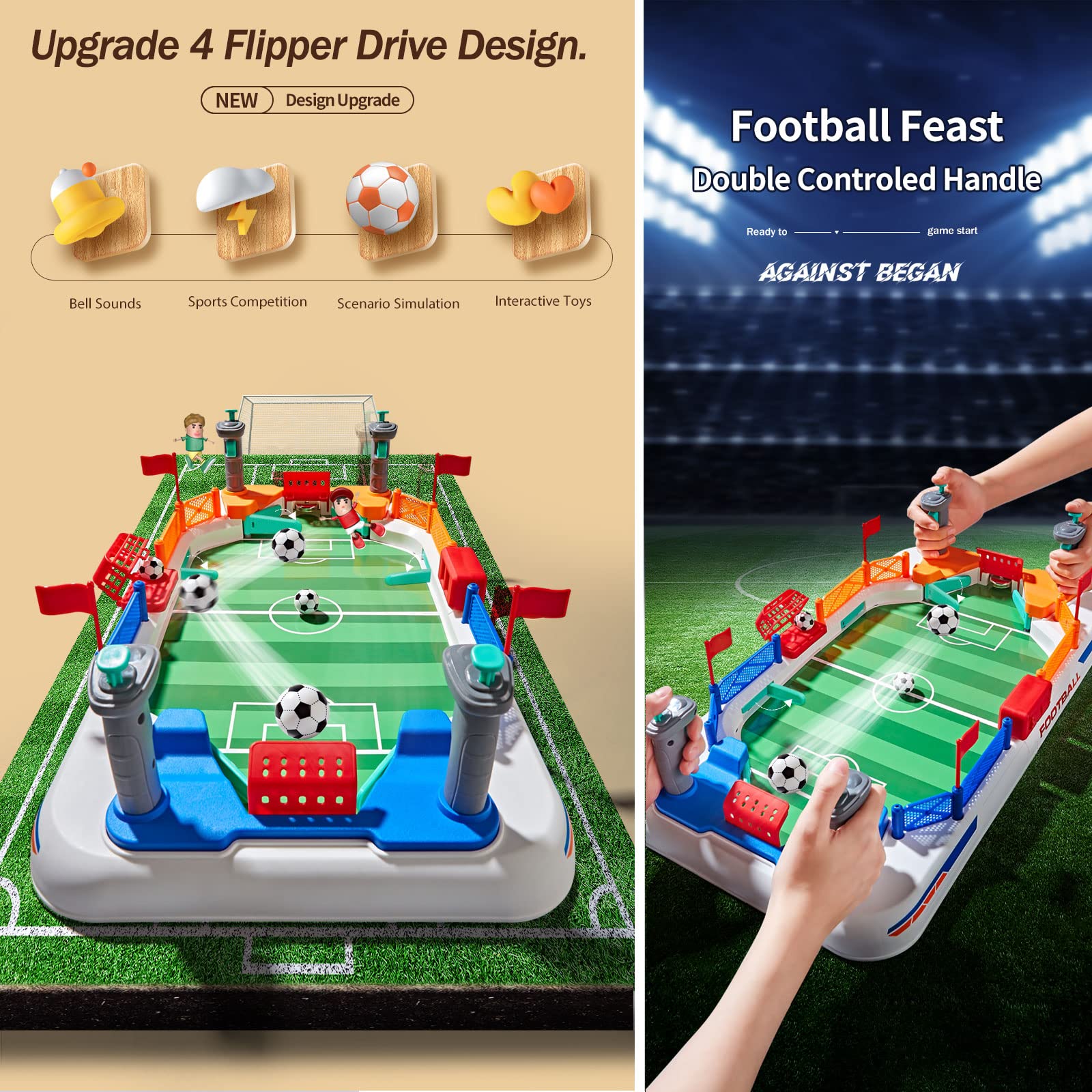 Mini foosball table toy with green playing field and 4 control rods