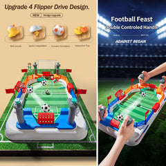 Mini foosball table toy with green playing field and 4 control rods