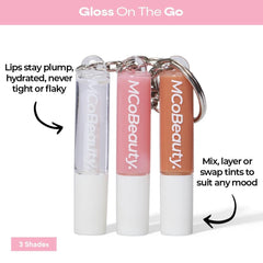 Three shade range from sheer to pigmented in lip gloss trio