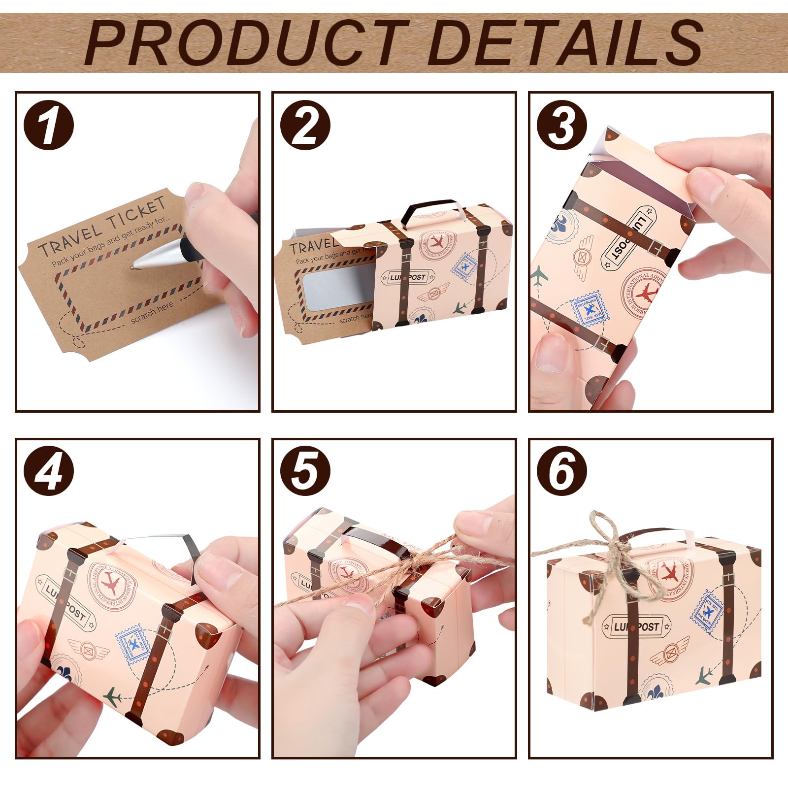 Mini suitcase travel ticket scratch paper kit dimensions
