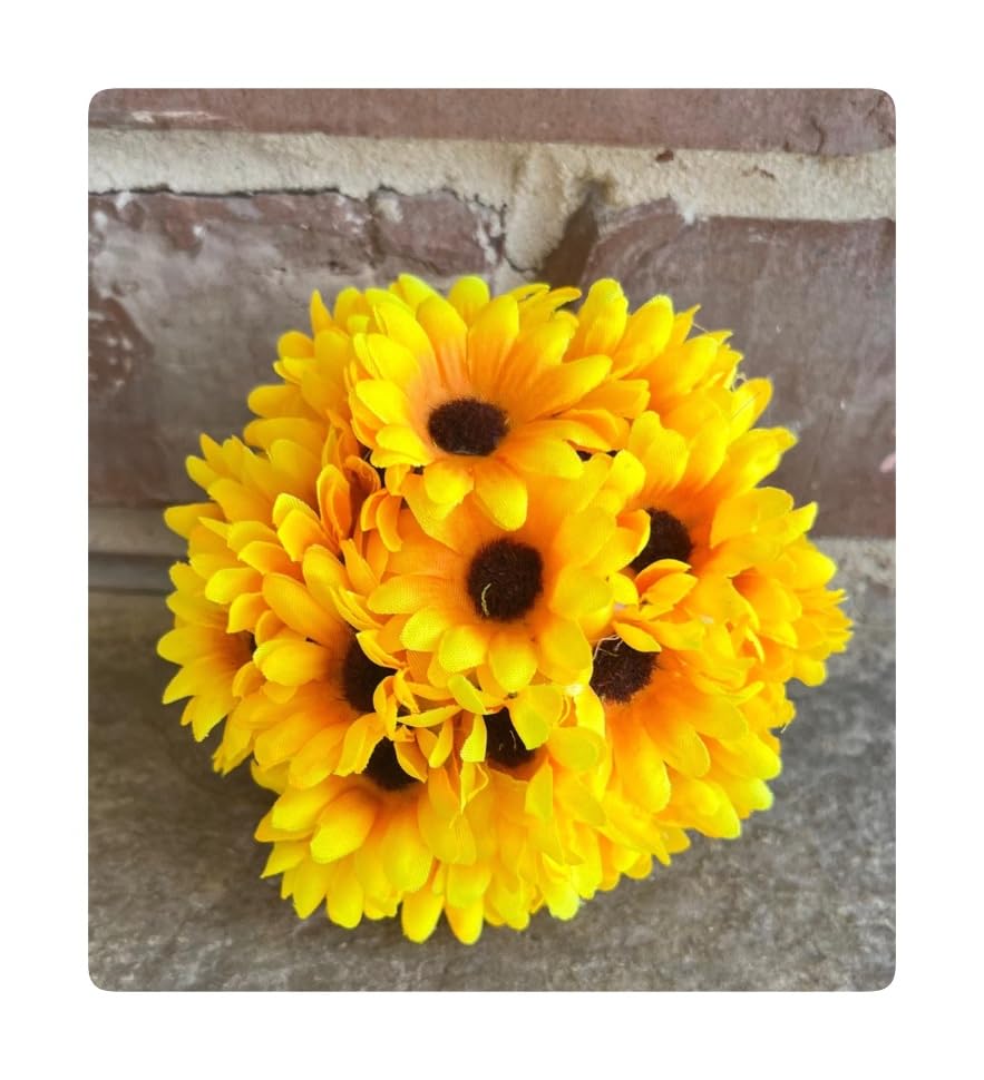 Mini Sunflower Ball on its 2.5 inch styrofoam base with faux sunflowers