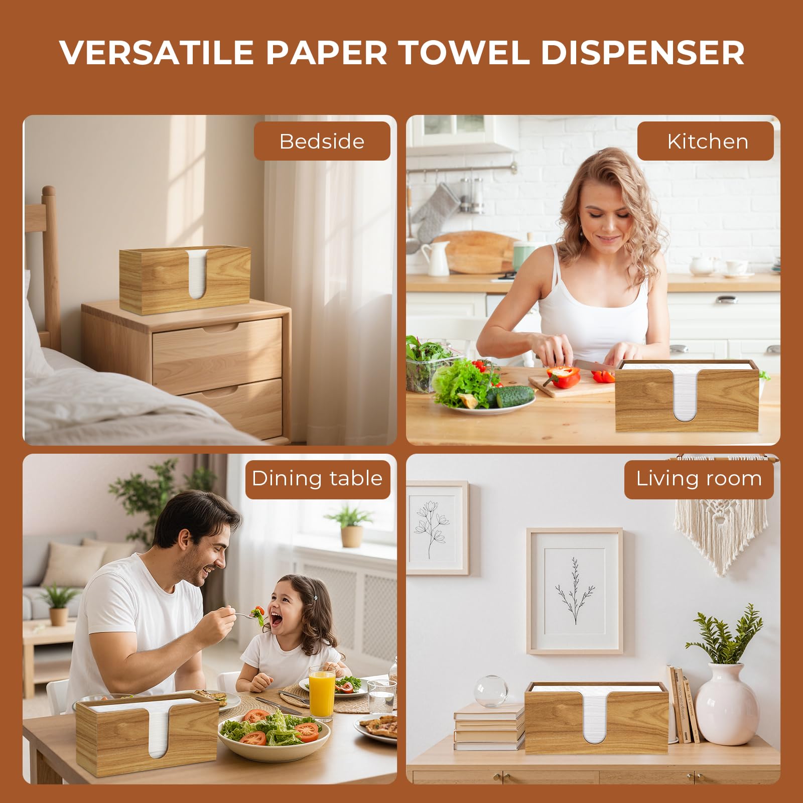 Natural acacia wood grain variations on towel dispenser